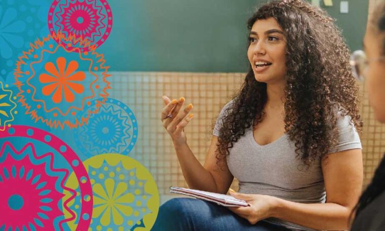 Composite image featuring a young Latina/e/x woman speaking to a group as well additional artistic flourishes.